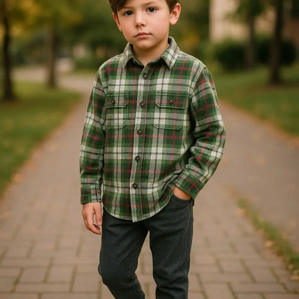 Carter's Boys Shirt Sz 5 Gray Green‎ White Red Long Sleeve Plaid Buttons Flannel